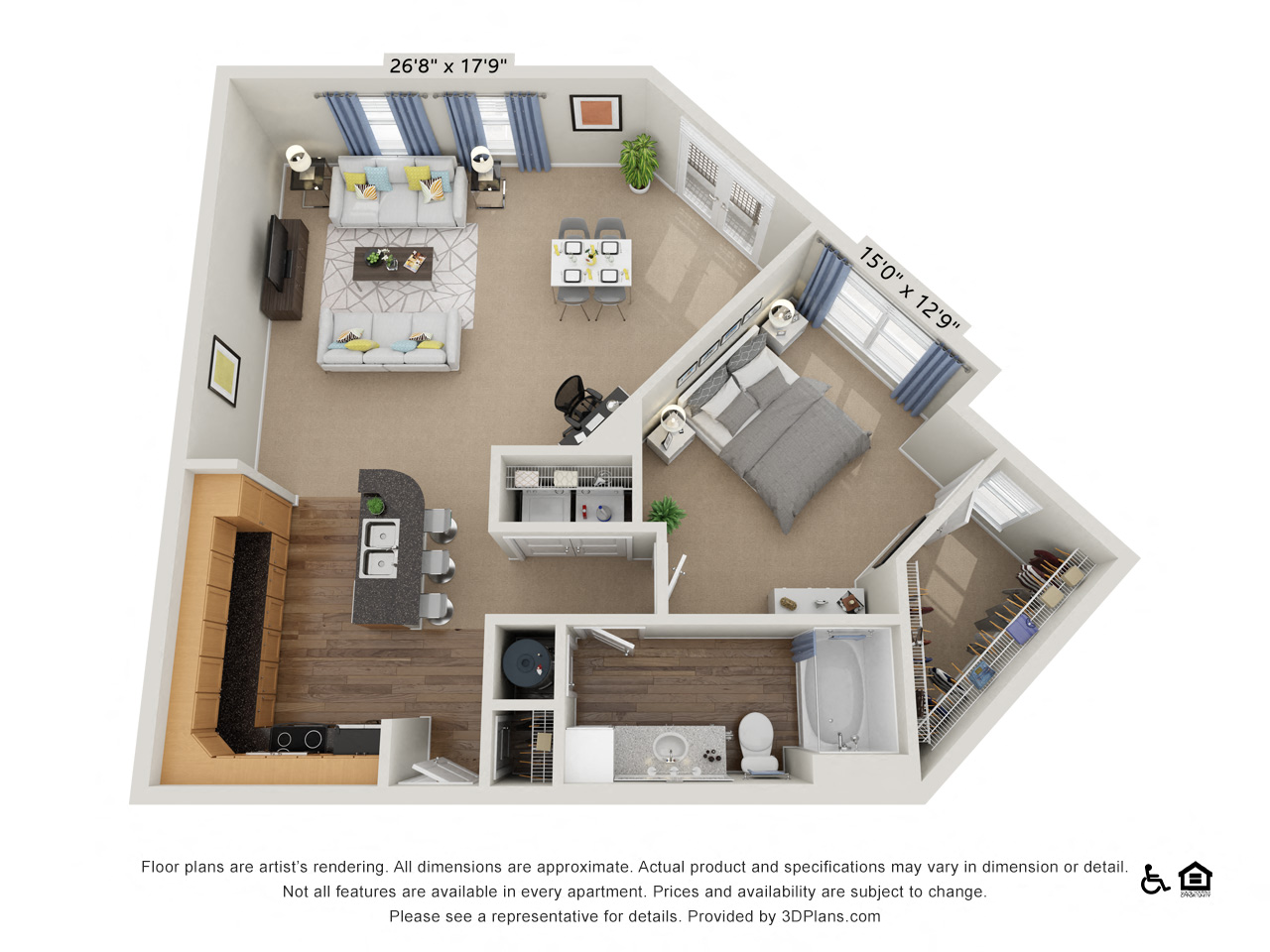 Floor plan for 1 bed, 1 bath, 1010 sqft